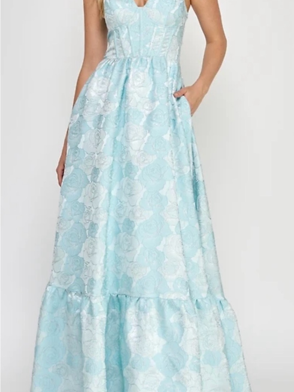 the Crystal Doll Juniors' Sleeveless Brocade Corset Gown